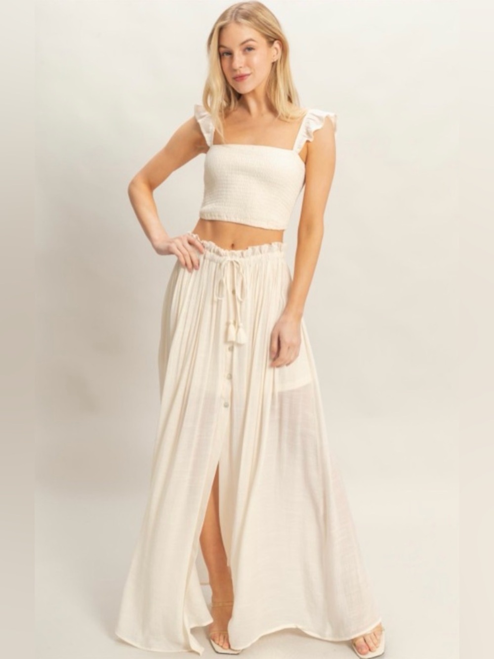 273. Smocked Top Cream Maxi Button-Front Skirt set - Picture 2 of 5